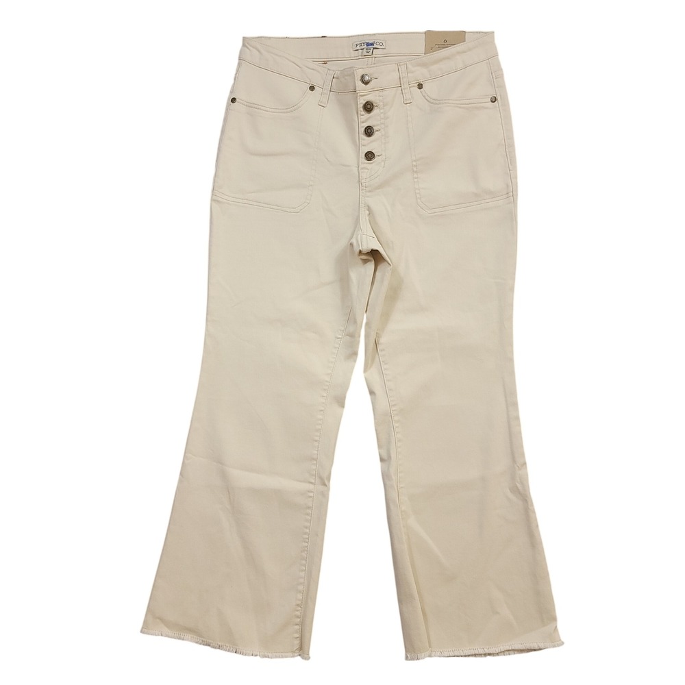 Boho Coastal Capsule Crop Flare Jeans Women 16W Cream Button Fly Raw Hem NEW